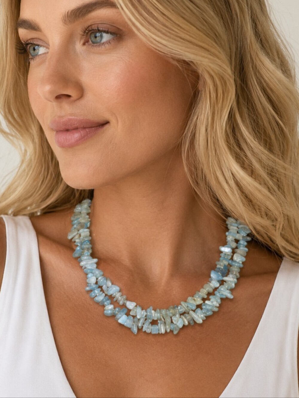 Handmade Long Icy Blue Aquamarine Chip Rope Necklace